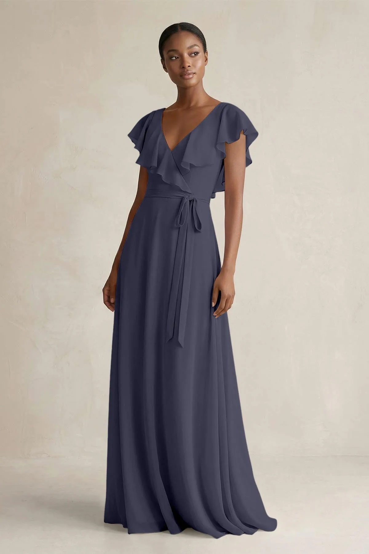 A-Line V-Neck Ruffled Sleeve Chiffon Bridesmaid Dress in Dusk Blue sold by KissProm
