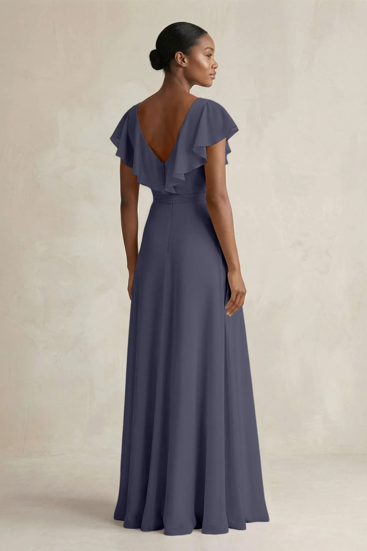 A-Line V-Neck Ruffled Sleeve Chiffon Bridesmaid Dress in Dusk Blue sold by KissProm product image thumbnail 2