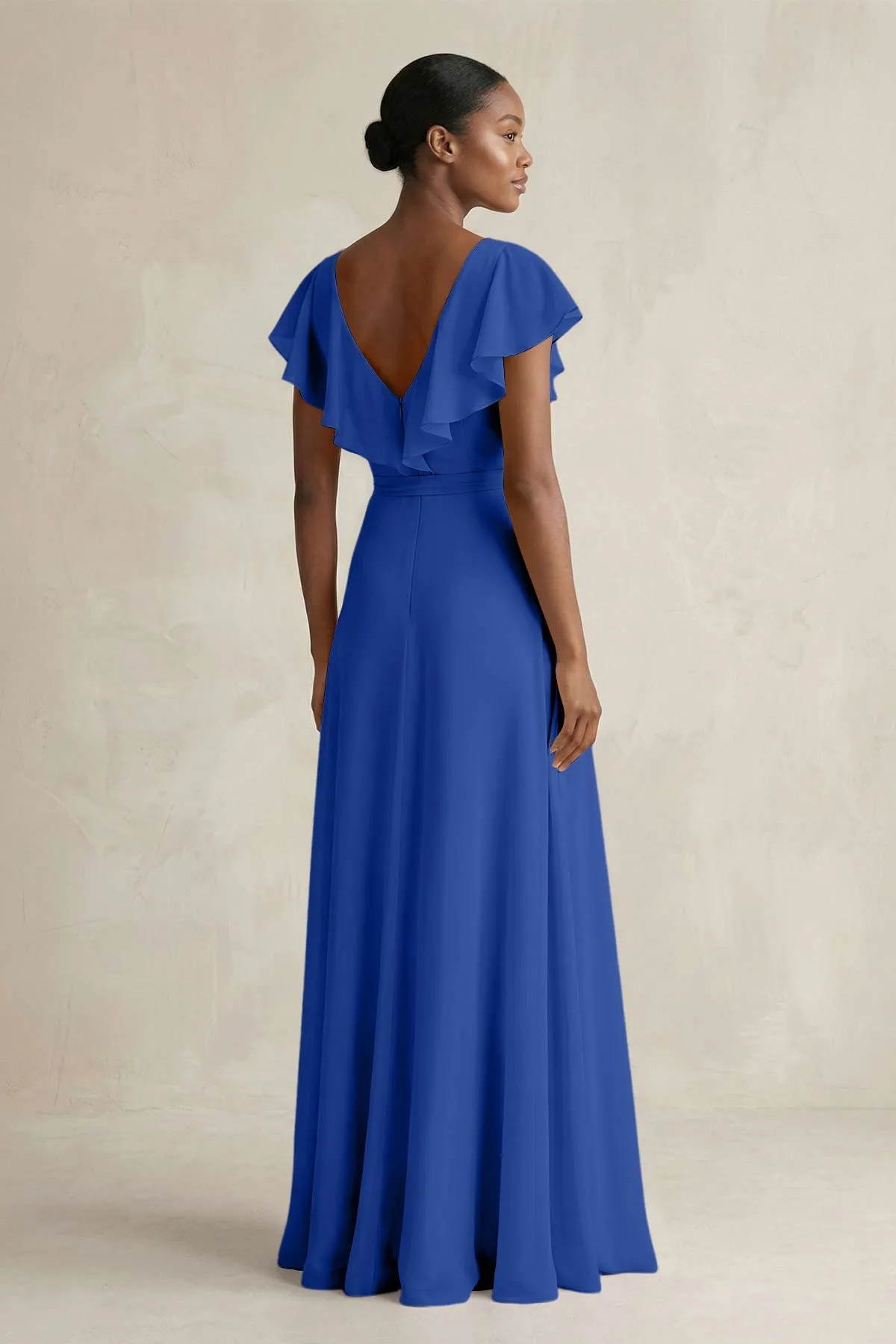 A-Line V-Neck Ruffled Sleeve Chiffon Bridesmaid Dress in Royal Blue sold by KissProm product image thumbnail 2