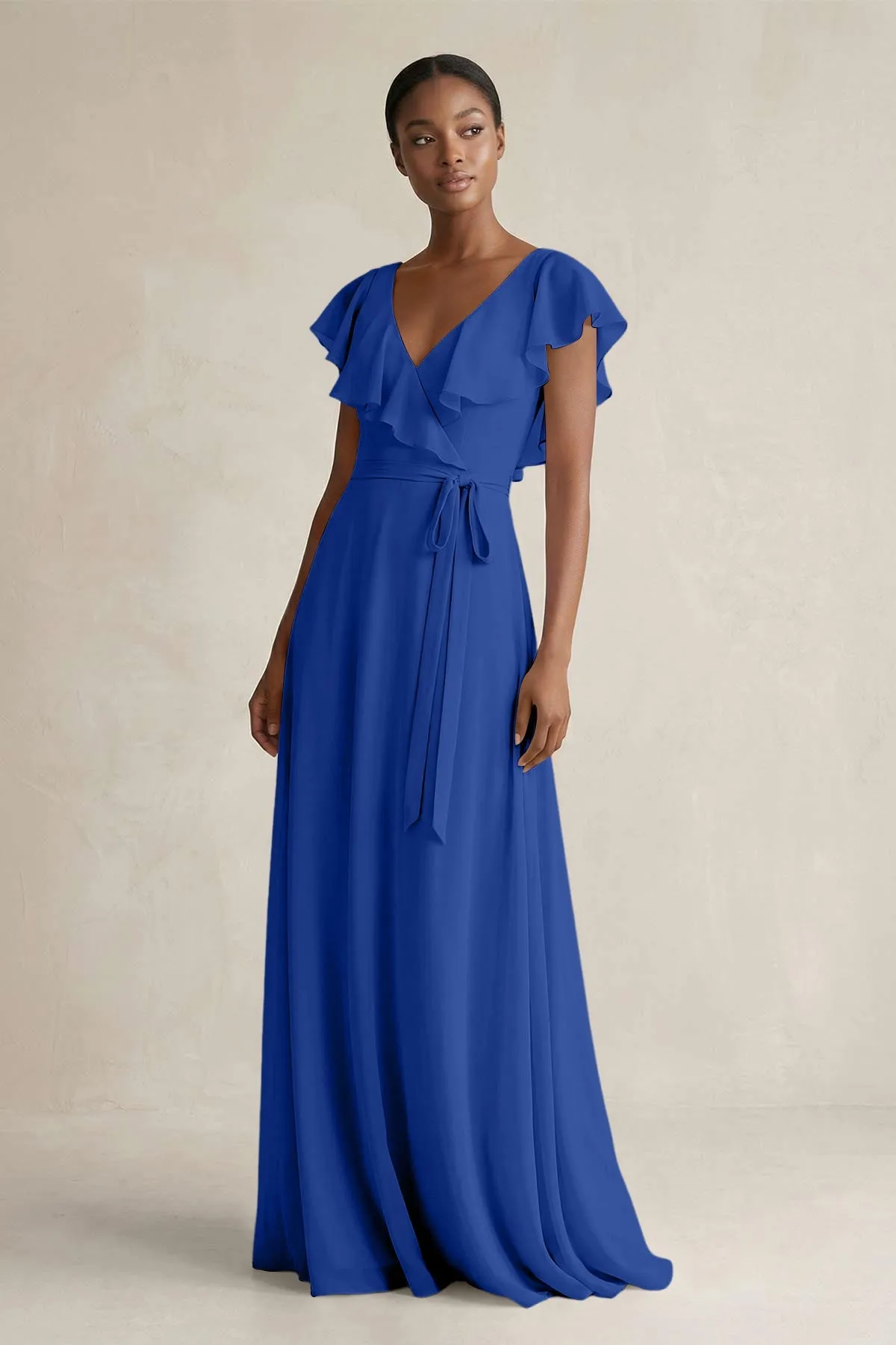 A-Line V-Neck Ruffled Sleeve Chiffon Bridesmaid Dress in Royal Blue sold by KissProm