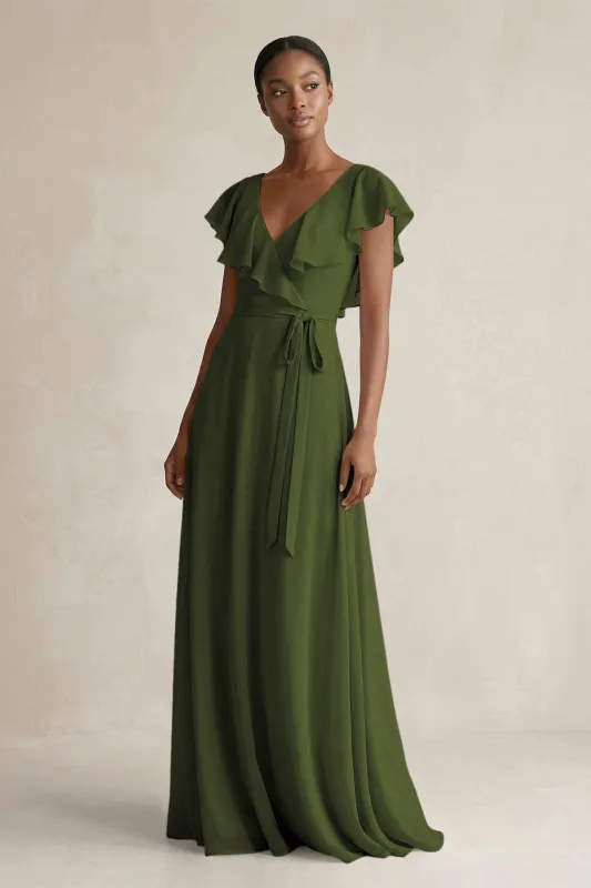 A-Line V-Neck Ruffled Sleeve Chiffon Bridesmaid Dress in Olive made by KissProm