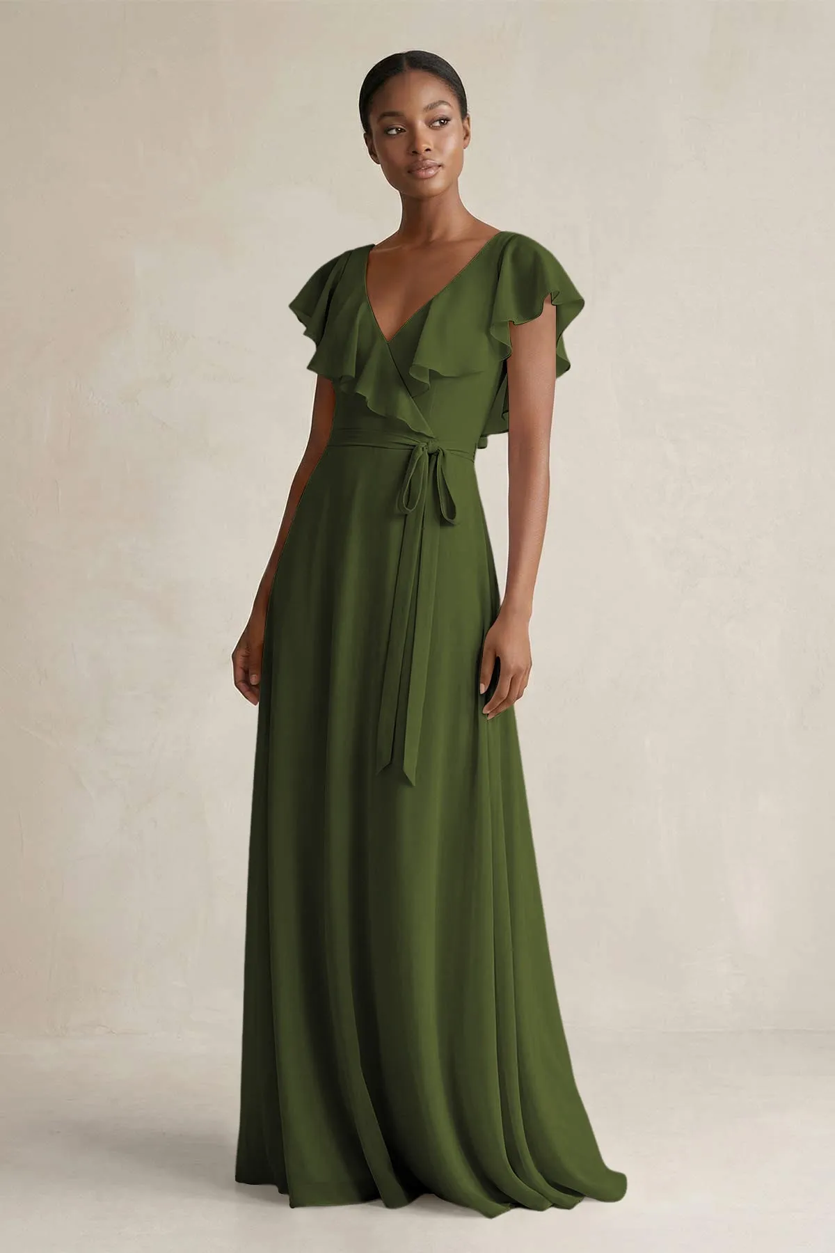 A-Line V-Neck Ruffled Sleeve Chiffon Bridesmaid Dress in Olive sold by KissProm