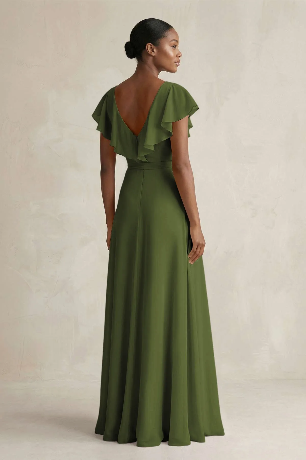 A-Line V-Neck Ruffled Sleeve Chiffon Bridesmaid Dress in Olive sold by KissProm product image thumbnail 2