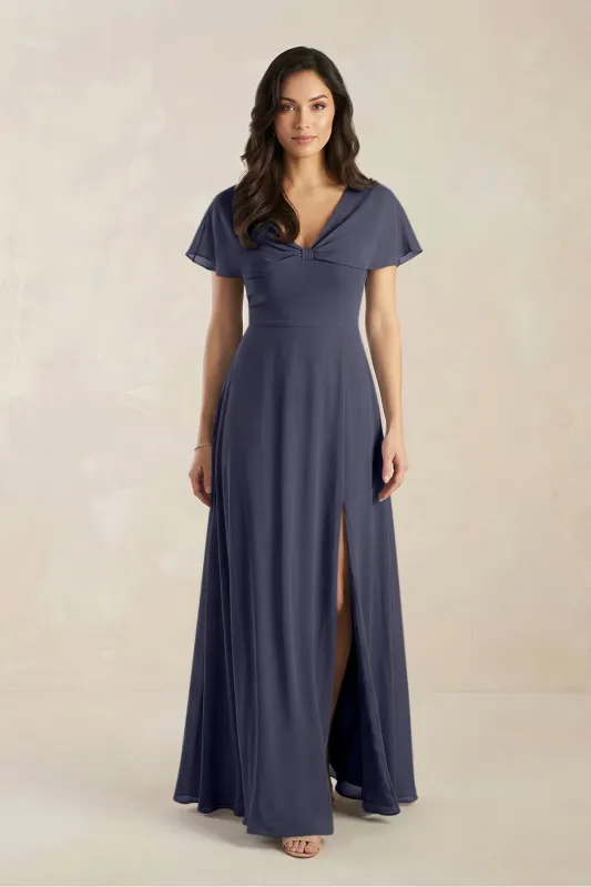 A-Line Short Sleeve Chiffon V-Neck Bridesmaid Dress in Dusk Blue made by KissProm