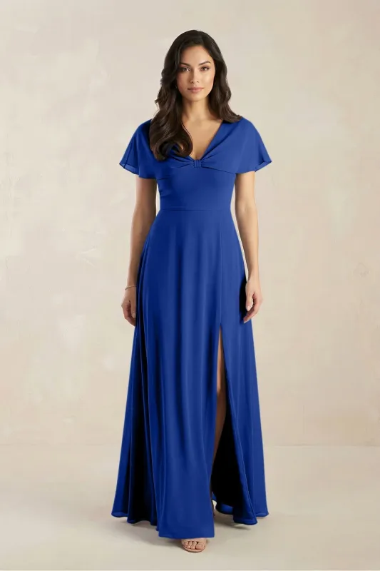 A-Line Short Sleeve Chiffon V-Neck Bridesmaid Dress in Royal Blue made by KissProm