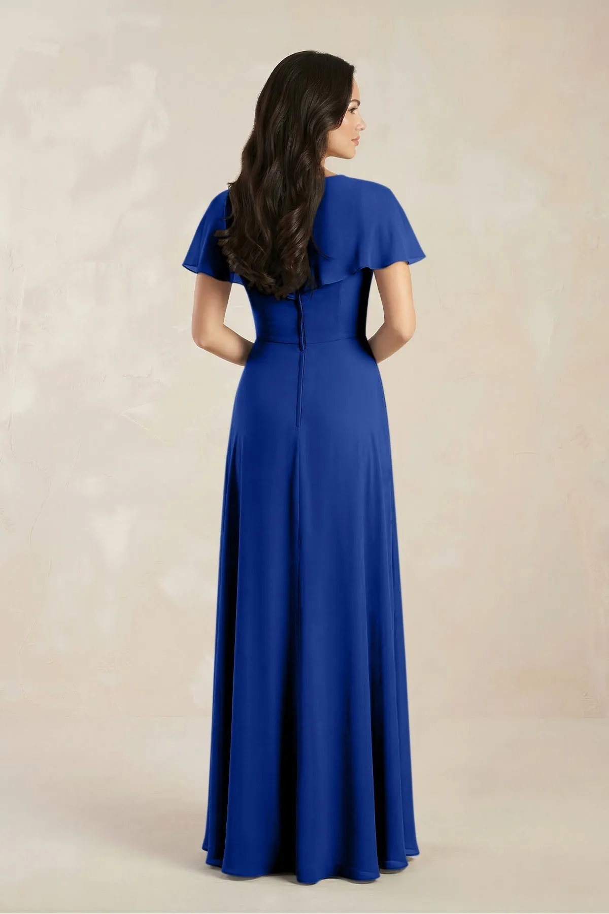 A-Line Short Sleeve Chiffon V-Neck Bridesmaid Dress in Royal Blue sold by KissProm product image thumbnail 2