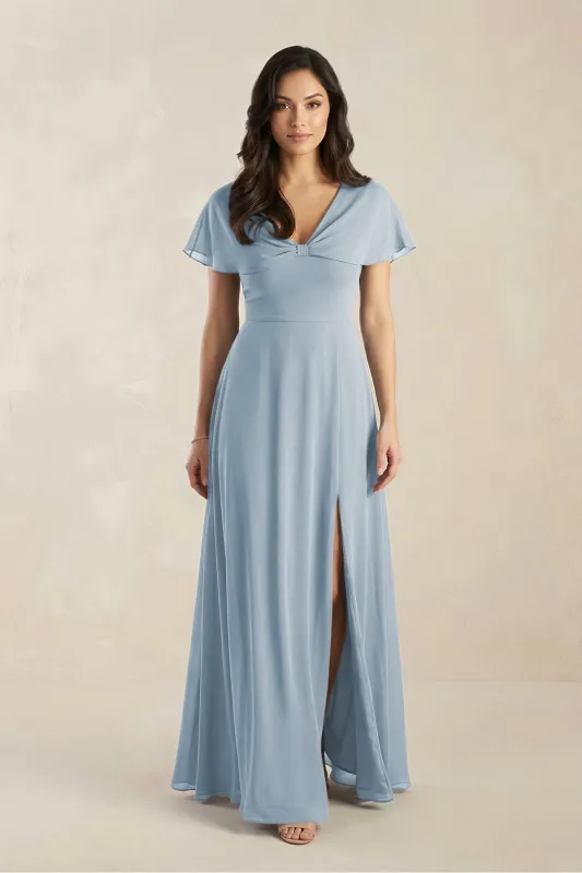 A-Line Short Sleeve Chiffon V-Neck Bridesmaid Dress in Dusty Blue made by KissProm