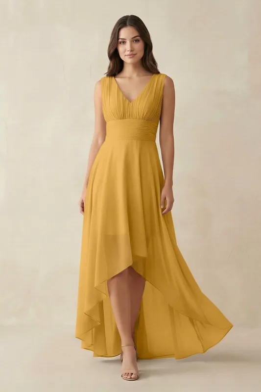 V-Neck High-Low Chiffon Bridesmaid Dress in Marigold made by KissProm