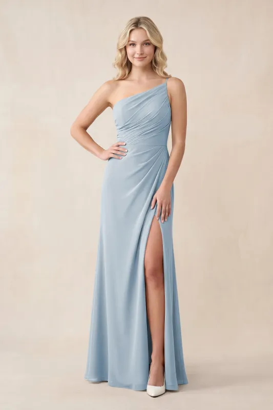 One-Shoulder Sheath Chiffon Ruched Bridesmaid Dress in Dusty Blue made by KissProm