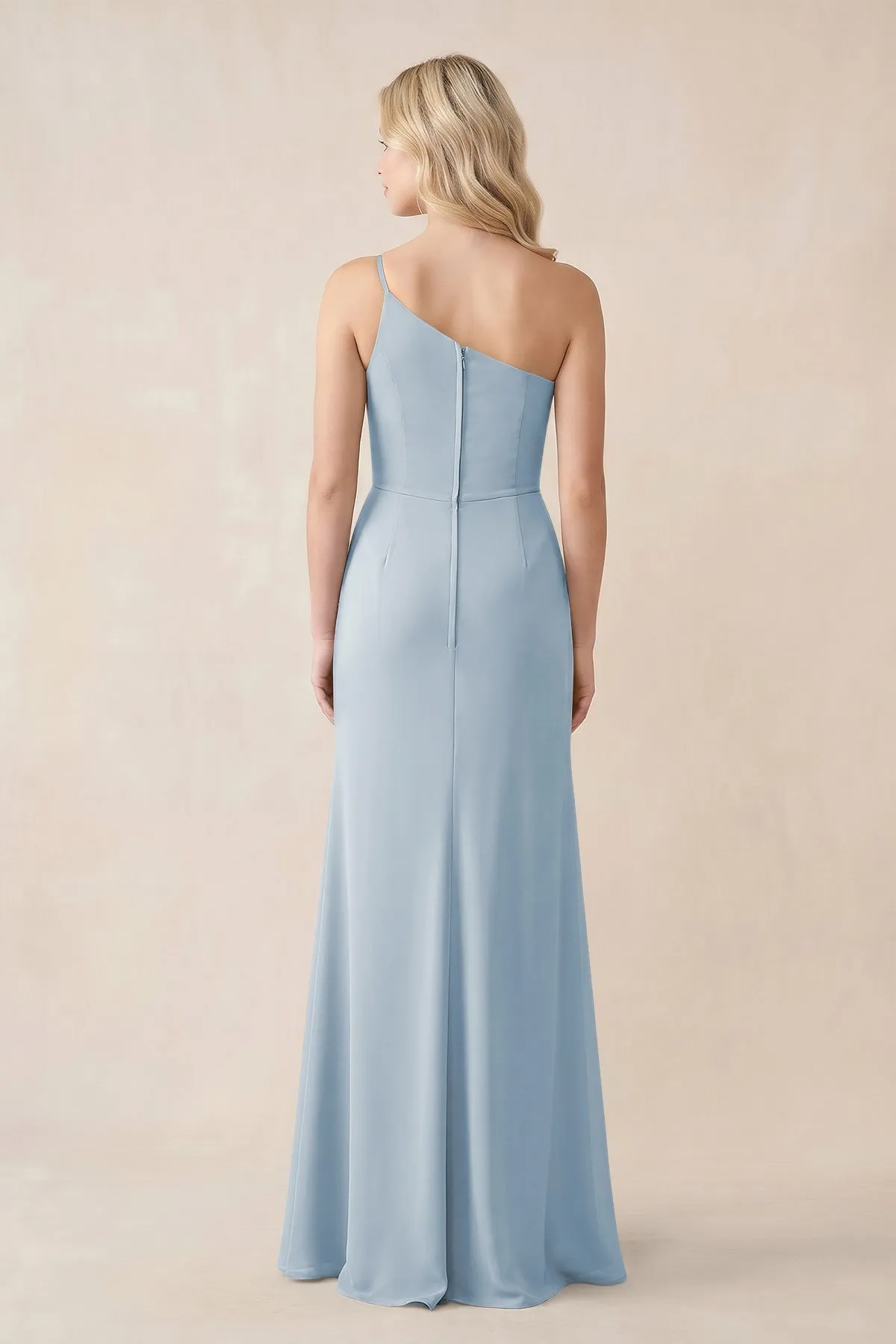 One-Shoulder Sheath Chiffon Ruched Bridesmaid Dress in Dusty Blue sold by KissProm product image thumbnail 2