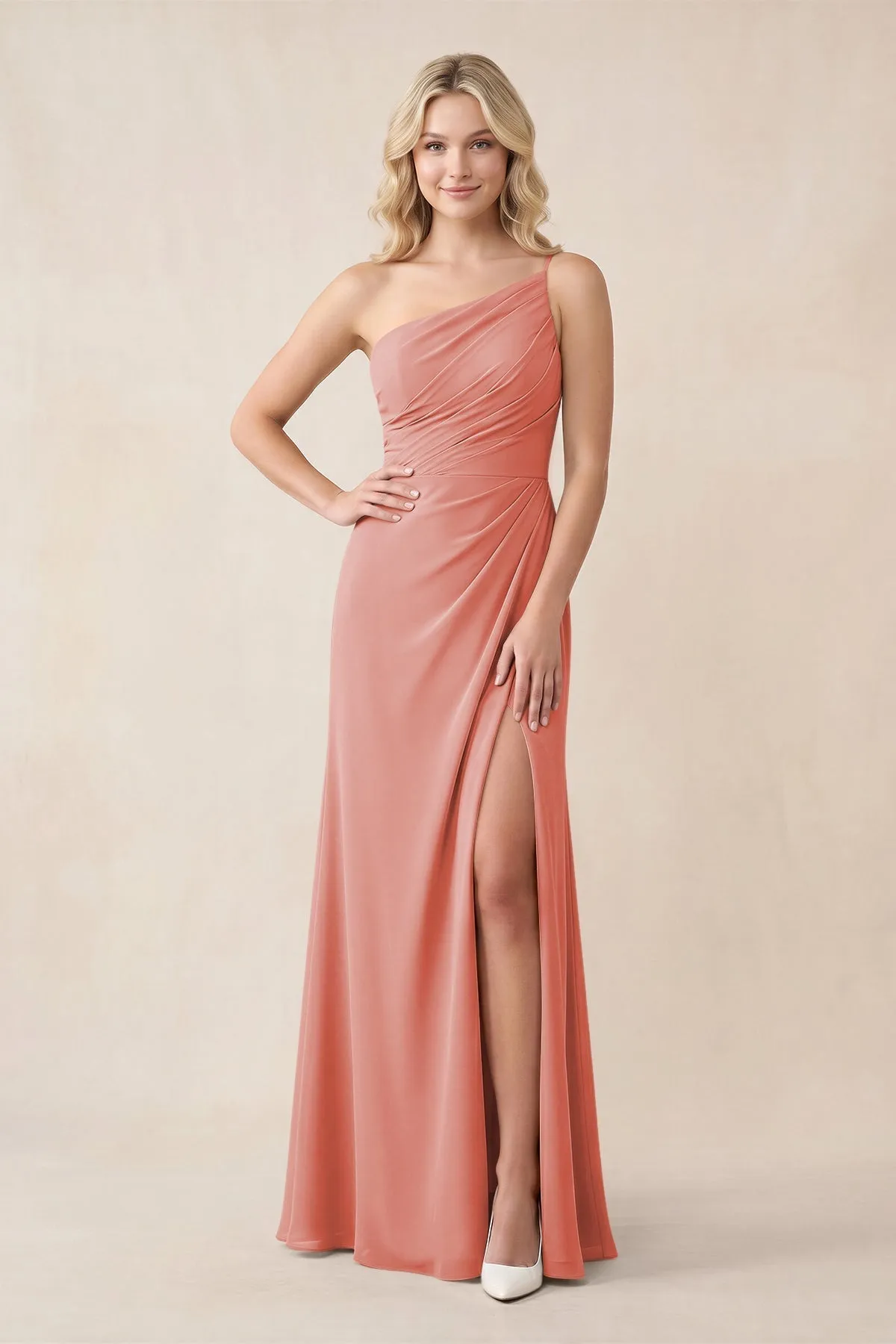 One-Shoulder Sheath Chiffon Ruched Bridesmaid Dress in Mulberry sold by KissProm