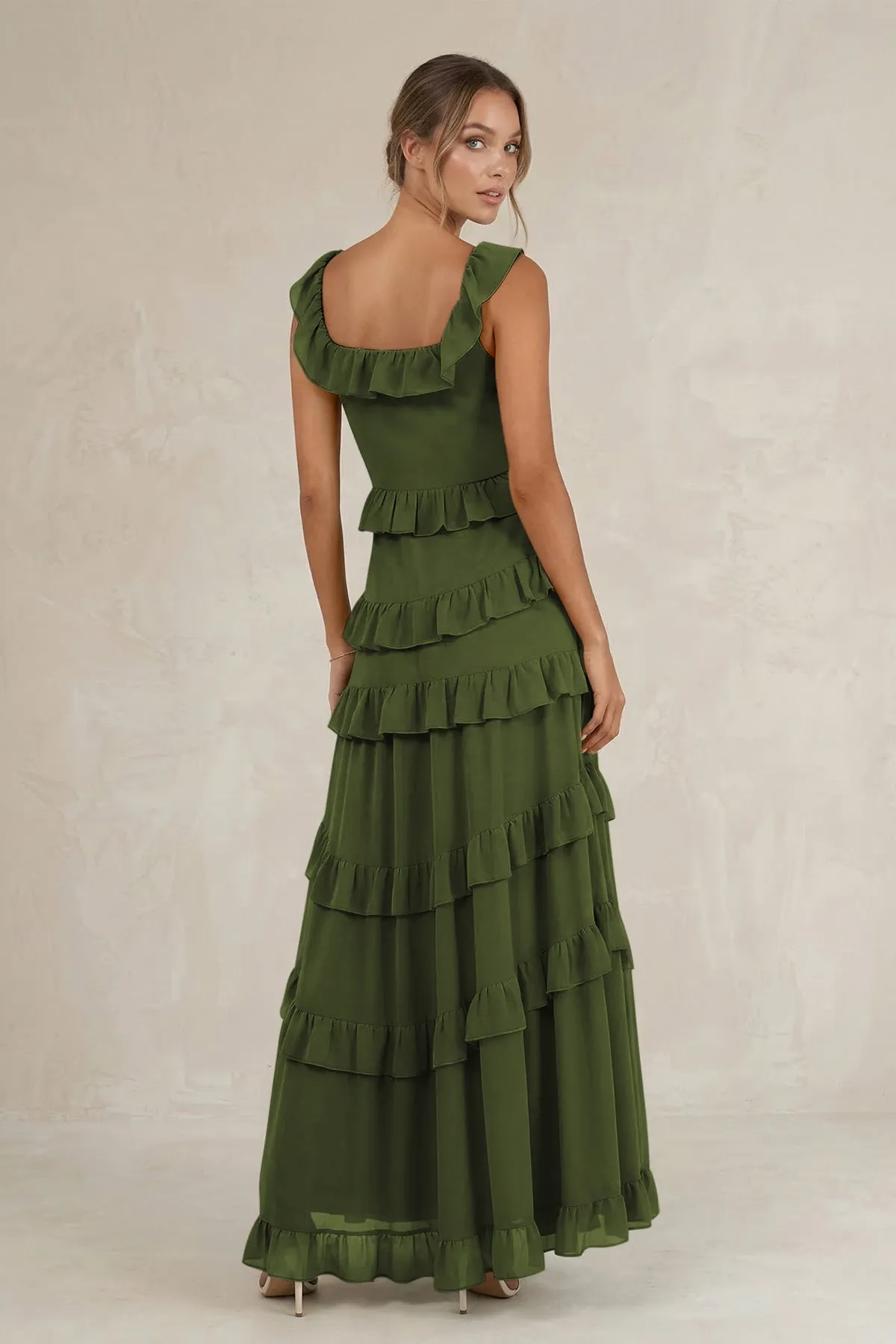 Tiered Square Neck Ruffled A-Line Bridesmaid Dress in Olive sold by KissProm product image thumbnail 2