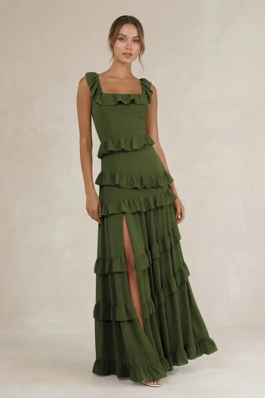 Tiered Square Neck Ruffled A-Line Bridesmaid Dress in Olive made by KissProm