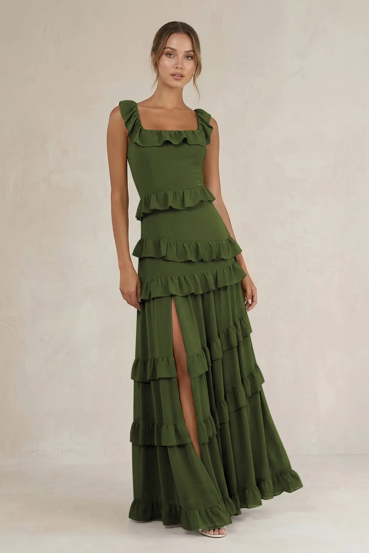 Tiered Square Neck Ruffled A-Line Bridesmaid Dress in Olive sold by KissProm
