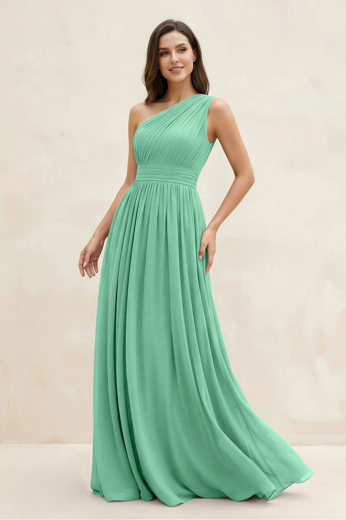 One-Shoulder Pleated A-Line Chiffon Bridesmaid Dress in Turquoise sold by KissProm
