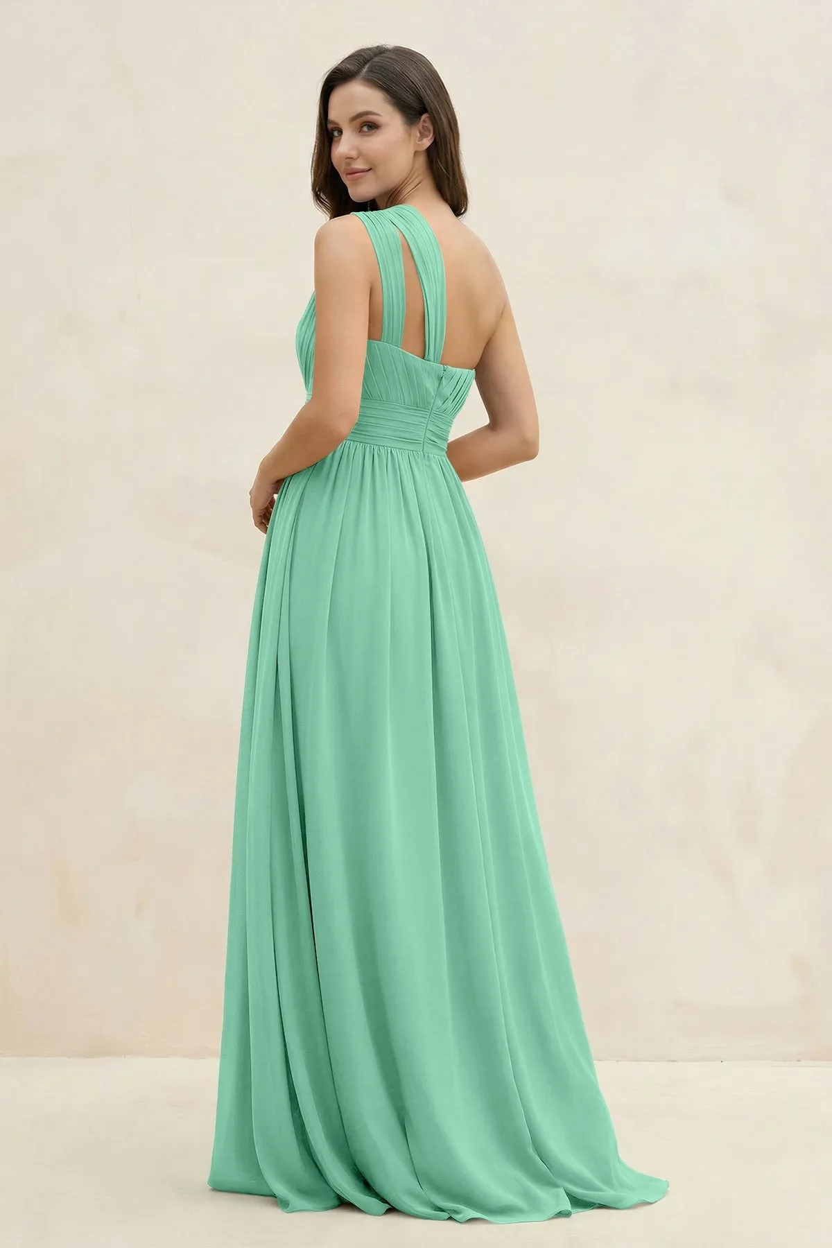 One-Shoulder Pleated A-Line Chiffon Bridesmaid Dress in Turquoise sold by KissProm product image thumbnail 2