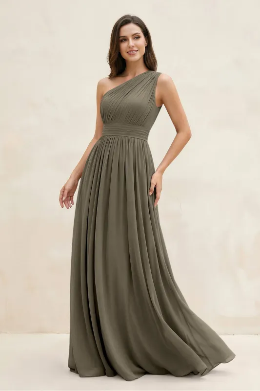 One-Shoulder Pleated A-Line Chiffon Bridesmaid Dress in Willow Green made by KissProm