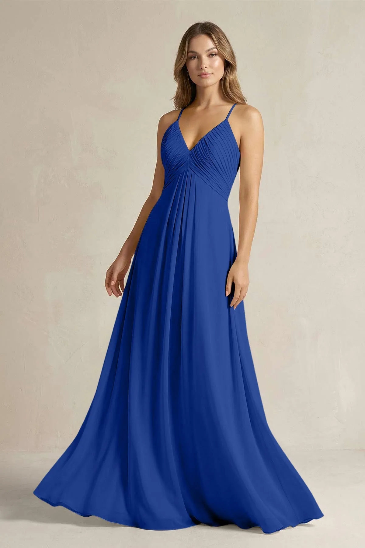 Cami Strap A-Line Chiffon Pleated Bridesmaid Dress in Royal Blue sold by KissProm