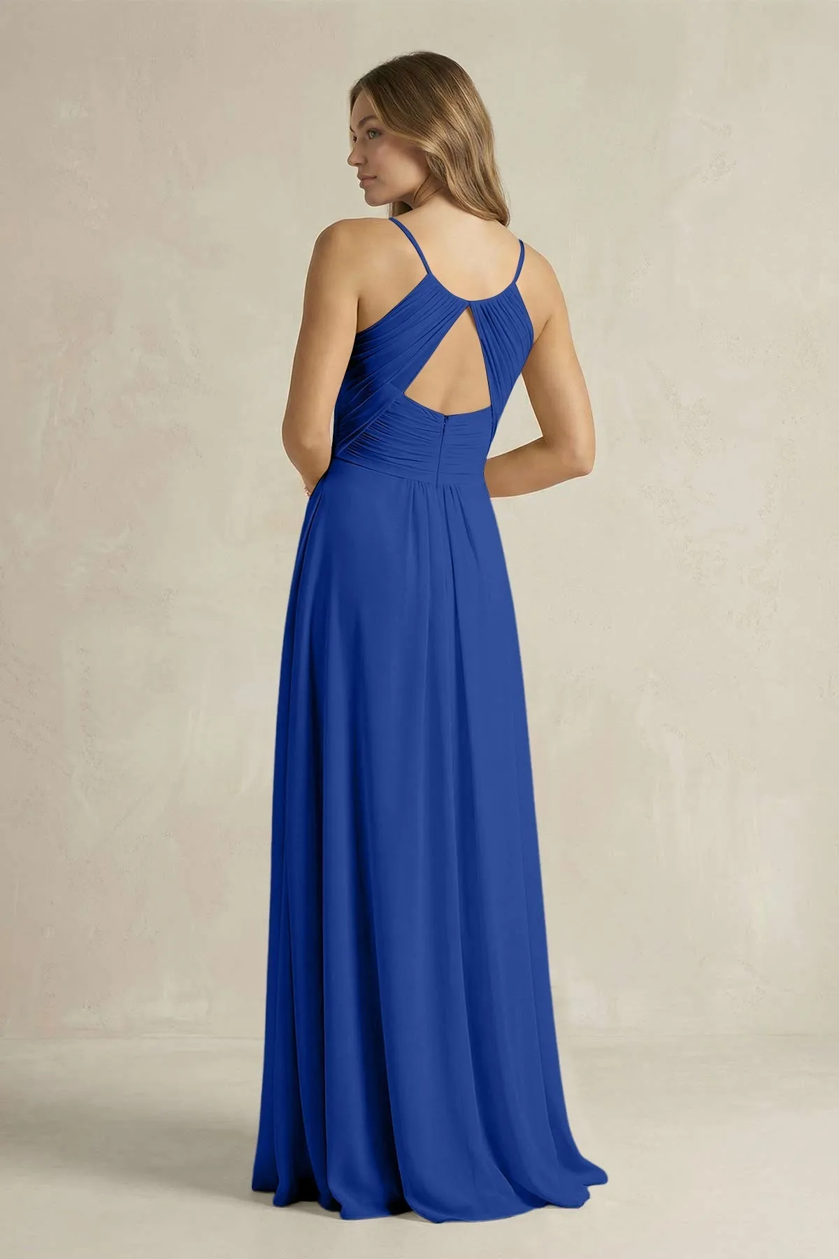 Cami Strap A-Line Chiffon Pleated Bridesmaid Dress in Royal Blue sold by KissProm product image thumbnail 2