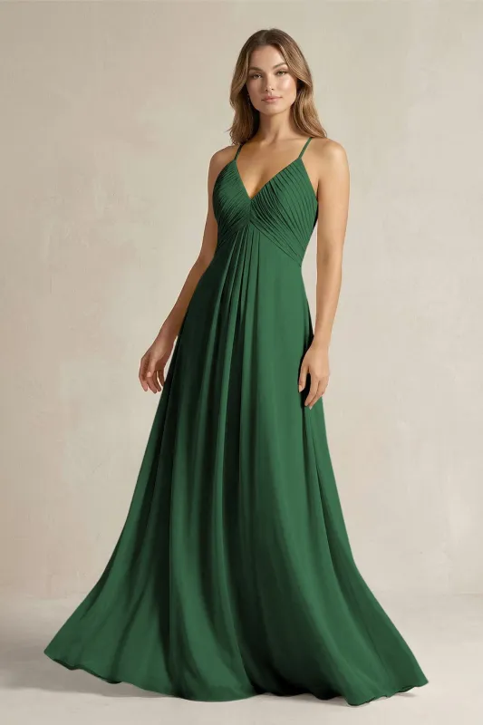 Cami Strap A-Line Chiffon Pleated Bridesmaid Dress in Dark Green made by KissProm
