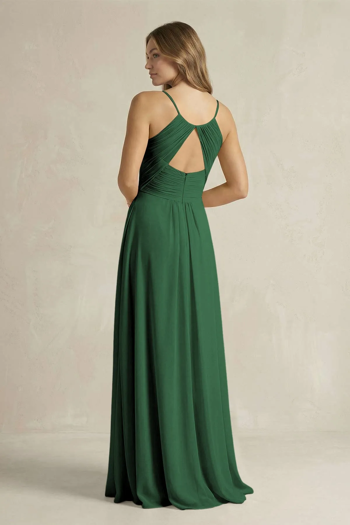Cami Strap A-Line Chiffon Pleated Bridesmaid Dress in Dark Green sold by KissProm product image thumbnail 2