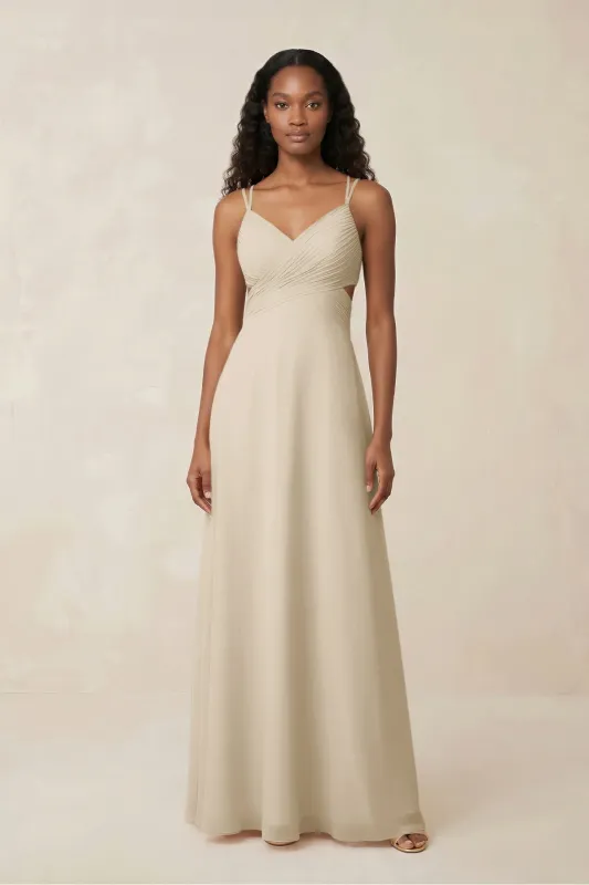 V-Neck Chiffon A-Line Cut-Out Bridesmaid Dress in Champagne made by KissProm