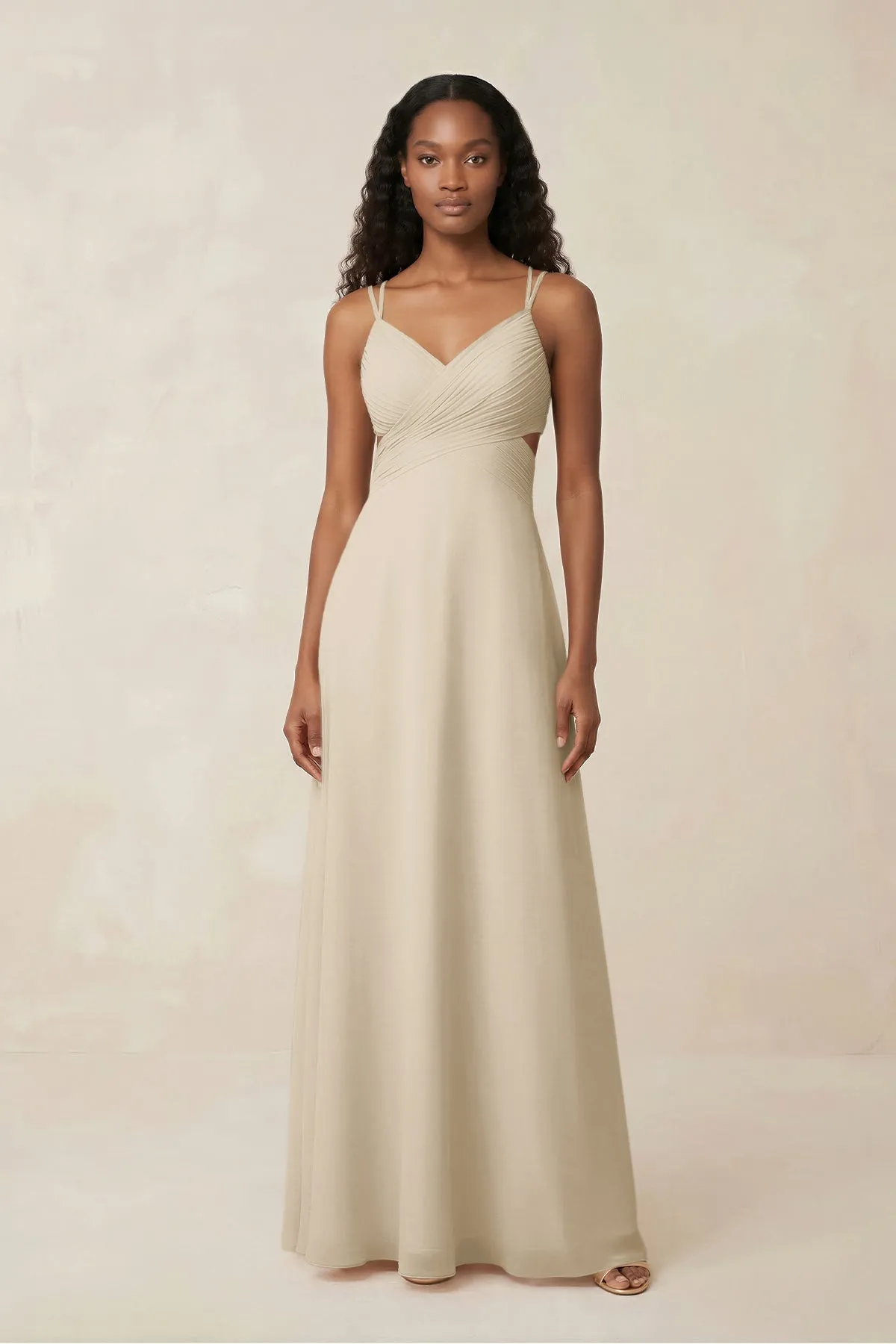 V-Neck Chiffon A-Line Cut-Out Bridesmaid Dress in Champagne sold by KissProm