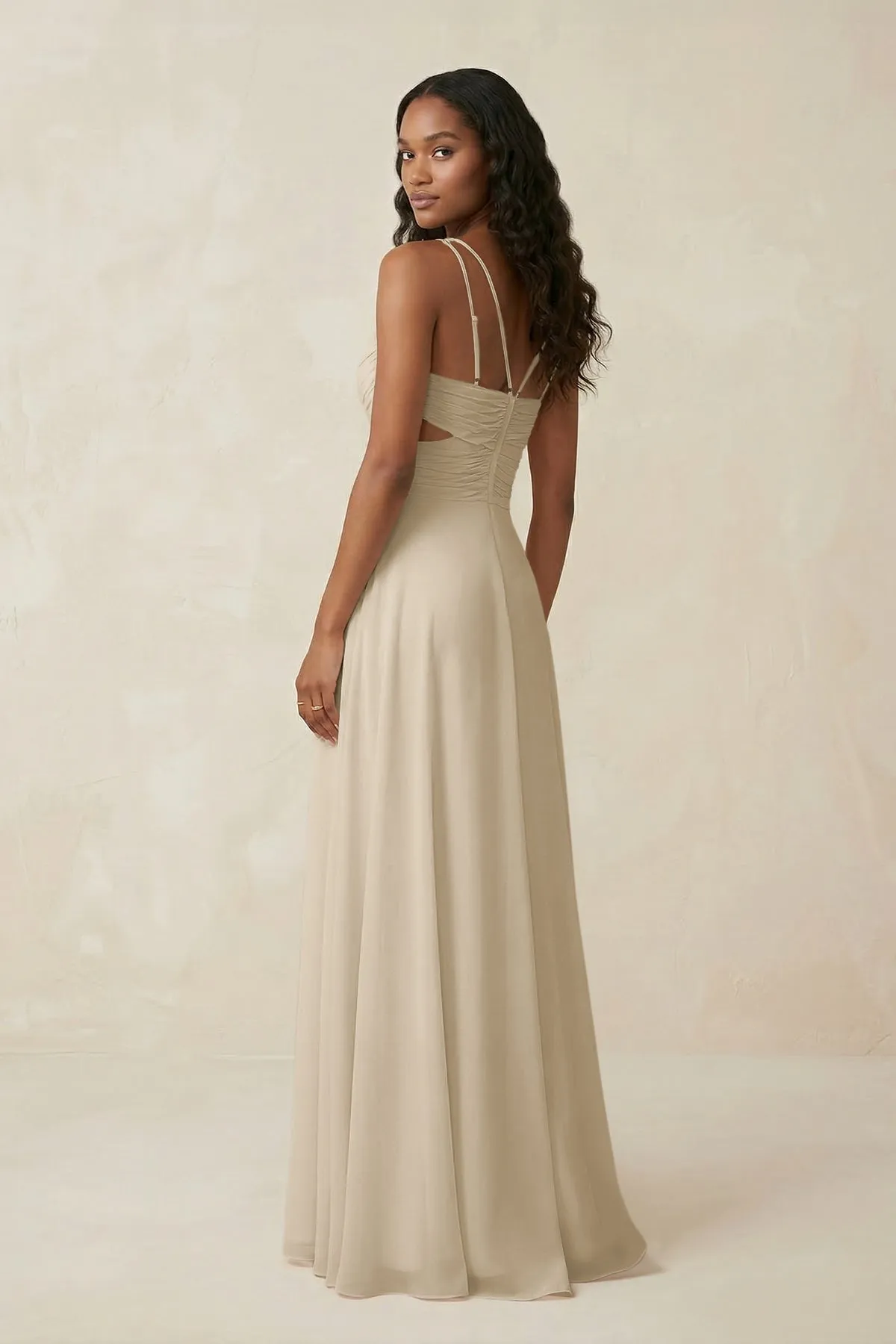 V-Neck Chiffon A-Line Cut-Out Bridesmaid Dress in Champagne sold by KissProm product image thumbnail 2