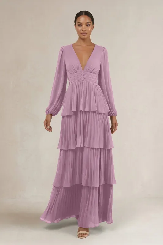 V-Neck Tiered A-Line Long Sleeve Bridesmaid Dress in Wisteria made by KissProm