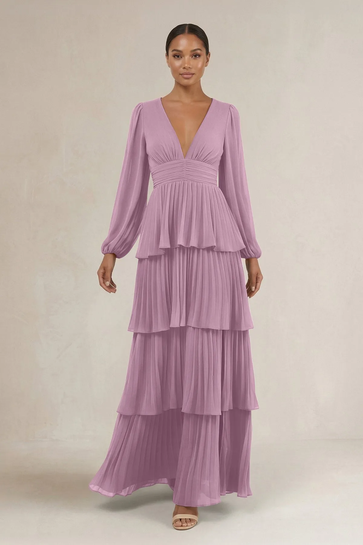 V-Neck Tiered A-Line Long Sleeve Bridesmaid Dress in Wisteria sold by KissProm