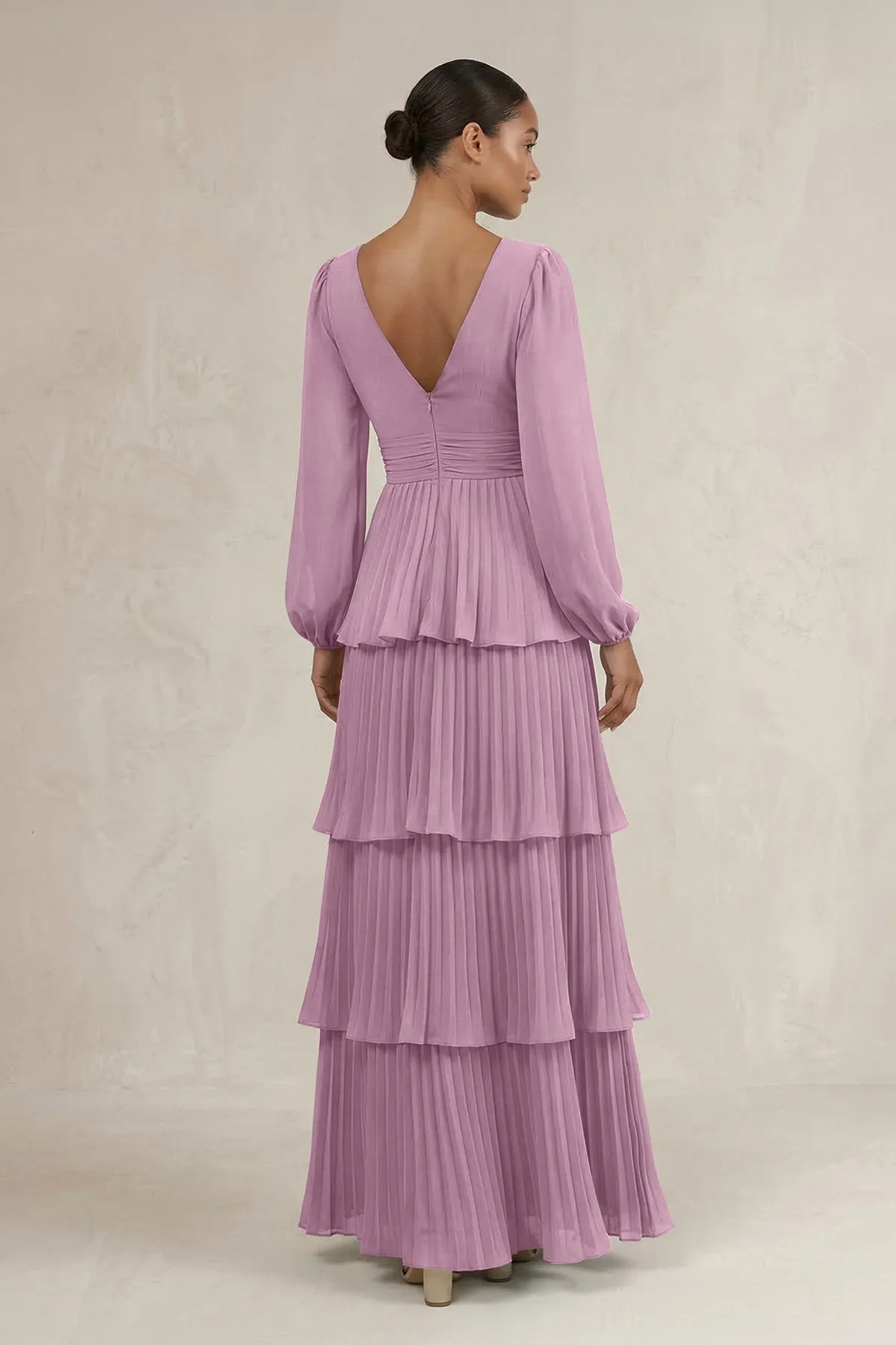 V-Neck Tiered A-Line Long Sleeve Bridesmaid Dress in Wisteria sold by KissProm product image thumbnail 2