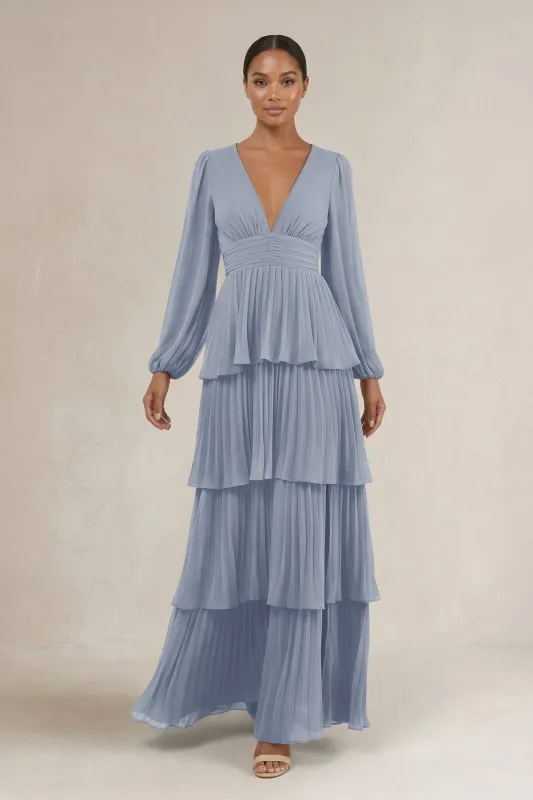 V-Neck Tiered A-Line Long Sleeve Bridesmaid Dress in Twilight made by KissProm