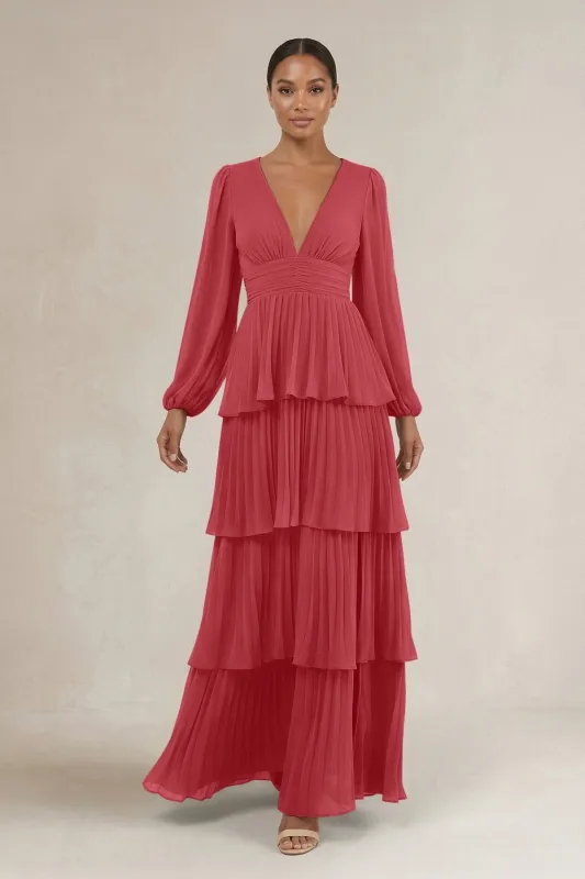 V-Neck Tiered A-Line Long Sleeve Bridesmaid Dress in Merlot made by KissProm