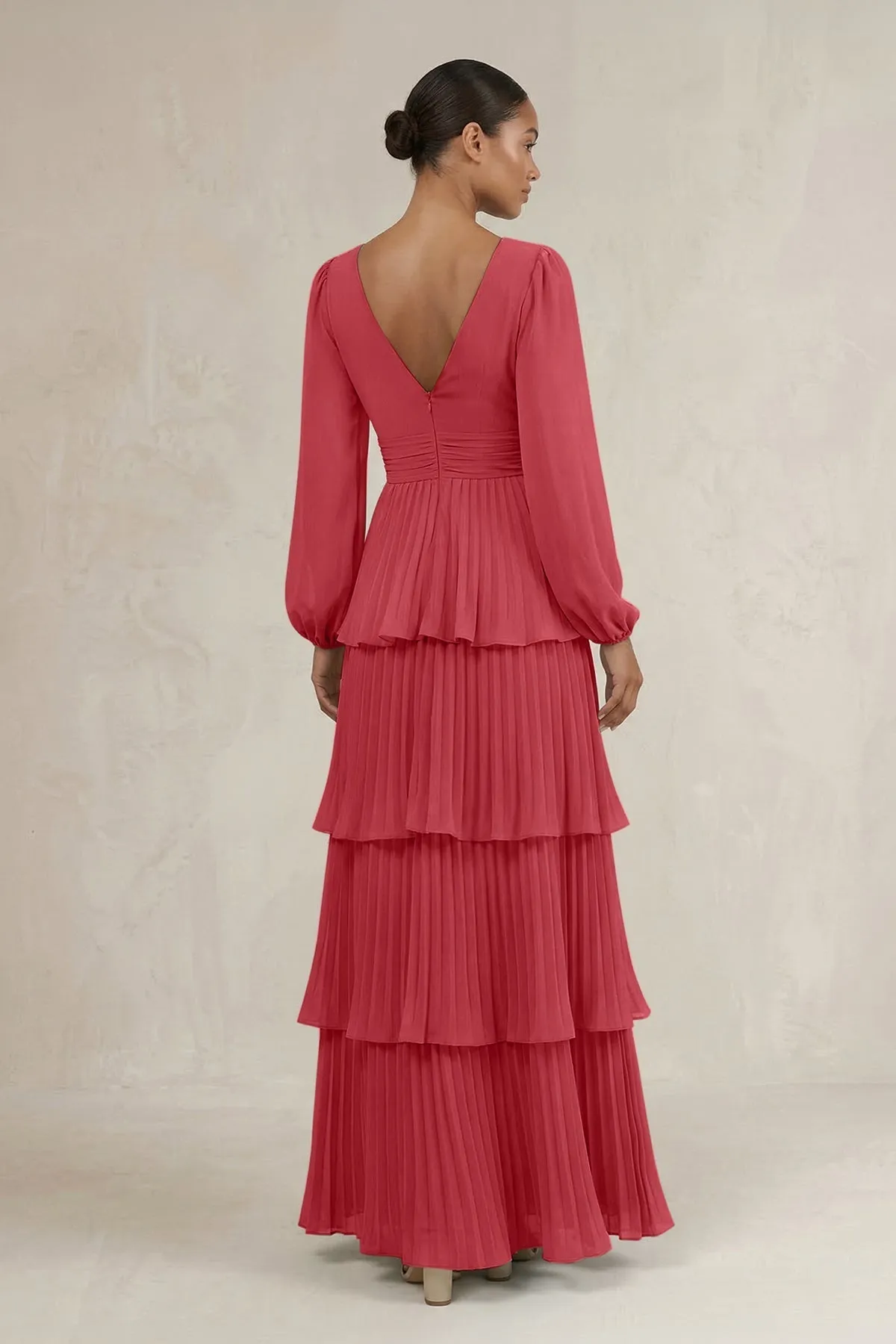 V-Neck Tiered A-Line Long Sleeve Bridesmaid Dress in Merlot sold by KissProm product image thumbnail 2