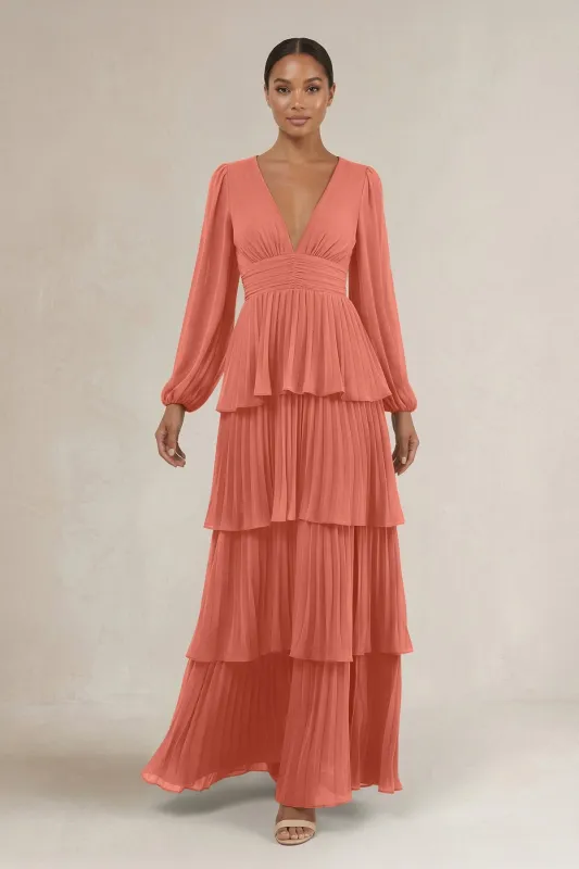 V-Neck Tiered A-Line Long Sleeve Bridesmaid Dress in Wild Rose made by KissProm