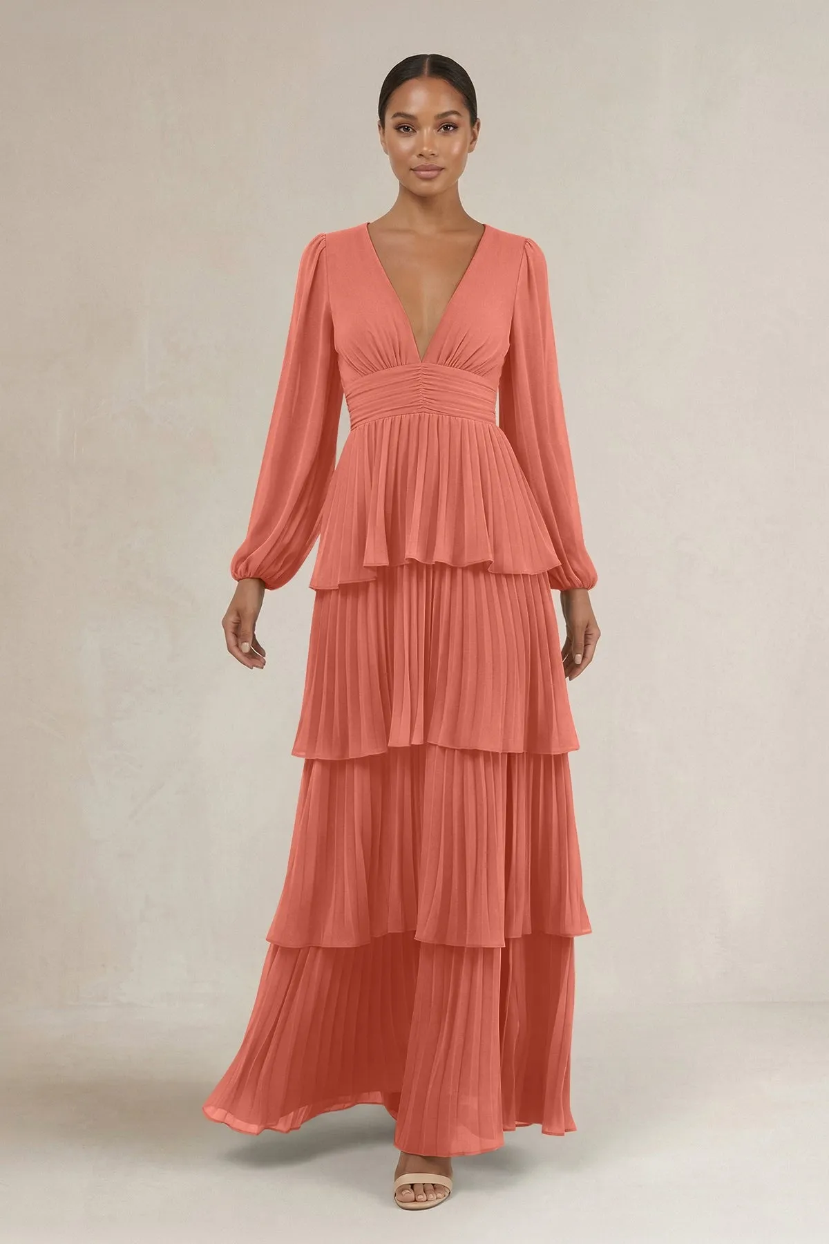 V-Neck Tiered A-Line Long Sleeve Bridesmaid Dress in Wild Rose sold by KissProm