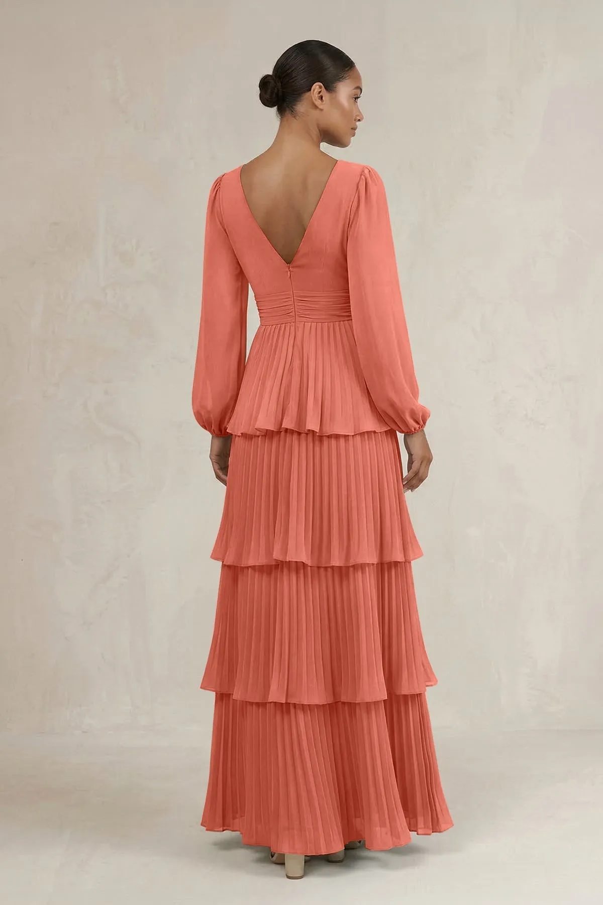 V-Neck Tiered A-Line Long Sleeve Bridesmaid Dress in Wild Rose sold by KissProm product image thumbnail 2
