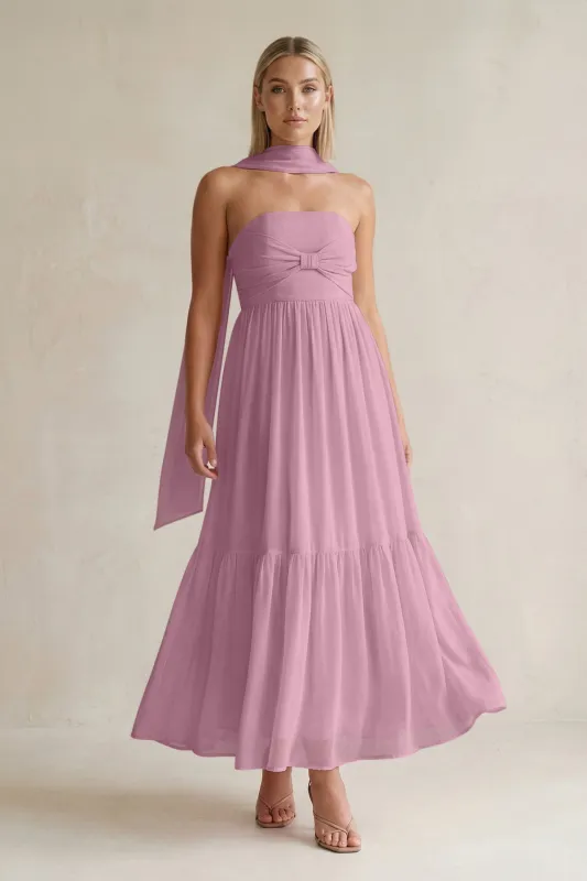 Strapless A-Line Chiffon Ruffled Bridesmaid Dress With Ribbon in Vintage Mauve made by KissProm