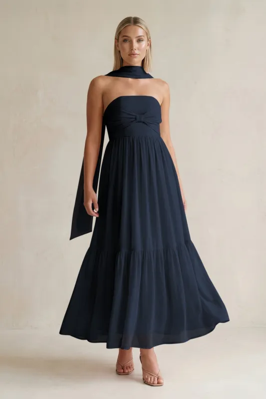 Strapless A-Line Chiffon Ruffled Bridesmaid Dress With Ribbon in Dark Navy made by KissProm