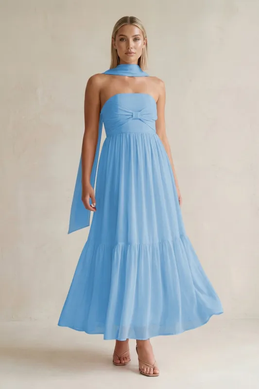 Strapless A-Line Chiffon Ruffled Bridesmaid Dress With Ribbon in Steel Blue made by KissProm