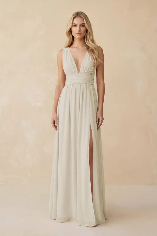 V-Neck A-Line Chiffon Ruched Bridesmaid Dress in Dove Gray made by KissProm