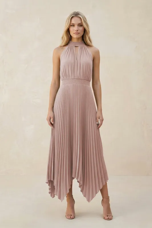Halter Neck Pleated A-Line Chiffon Bridesmaid Dress in Toffee made by KissProm