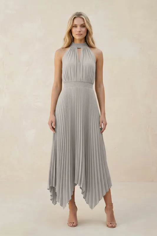 Halter Neck Pleated A-Line Chiffon Bridesmaid Dress in Silver made by KissProm