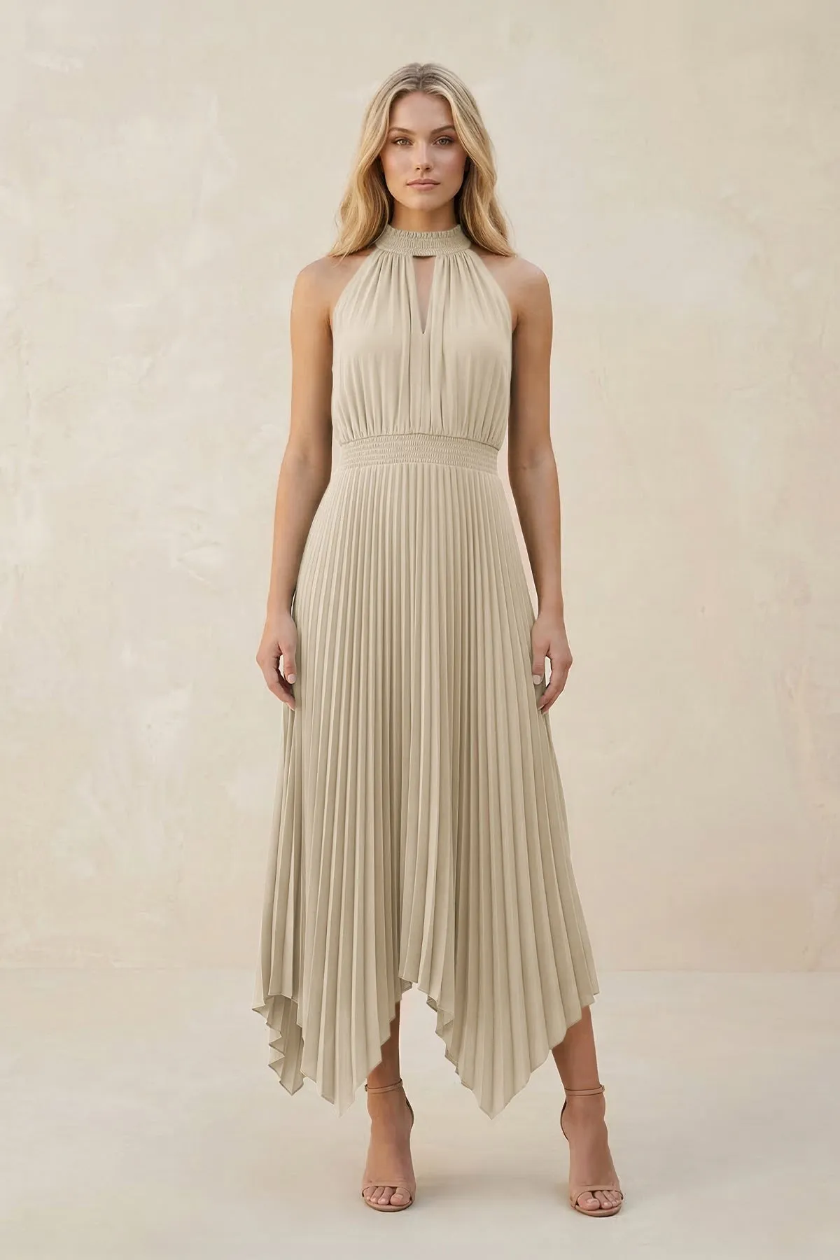 Halter Neck Pleated A-Line Chiffon Bridesmaid Dress in Champagne sold by KissProm