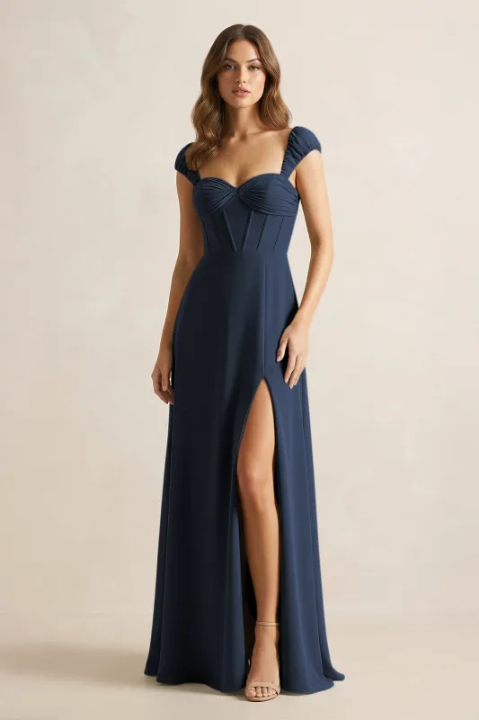 Sweetheart Corset A-Line Chiffon Bridesmaid Dress in Dark Navy made by KissProm