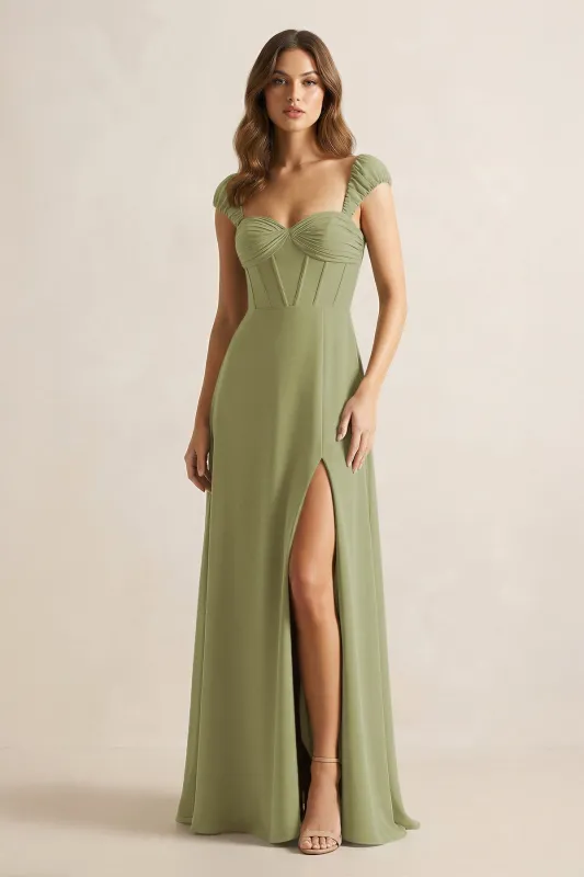 Sweetheart Corset A-Line Chiffon Bridesmaid Dress in Moss Green made by KissProm