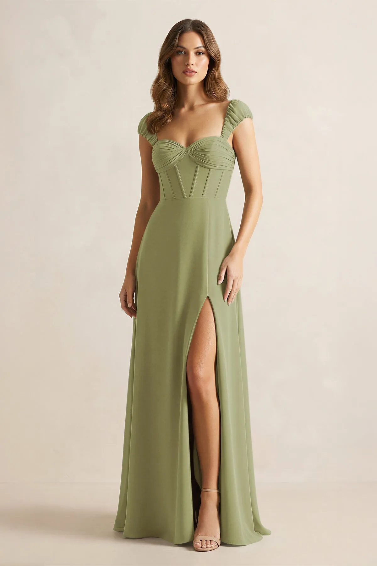 Sweetheart Corset A-Line Chiffon Bridesmaid Dress in Moss Green sold by KissProm