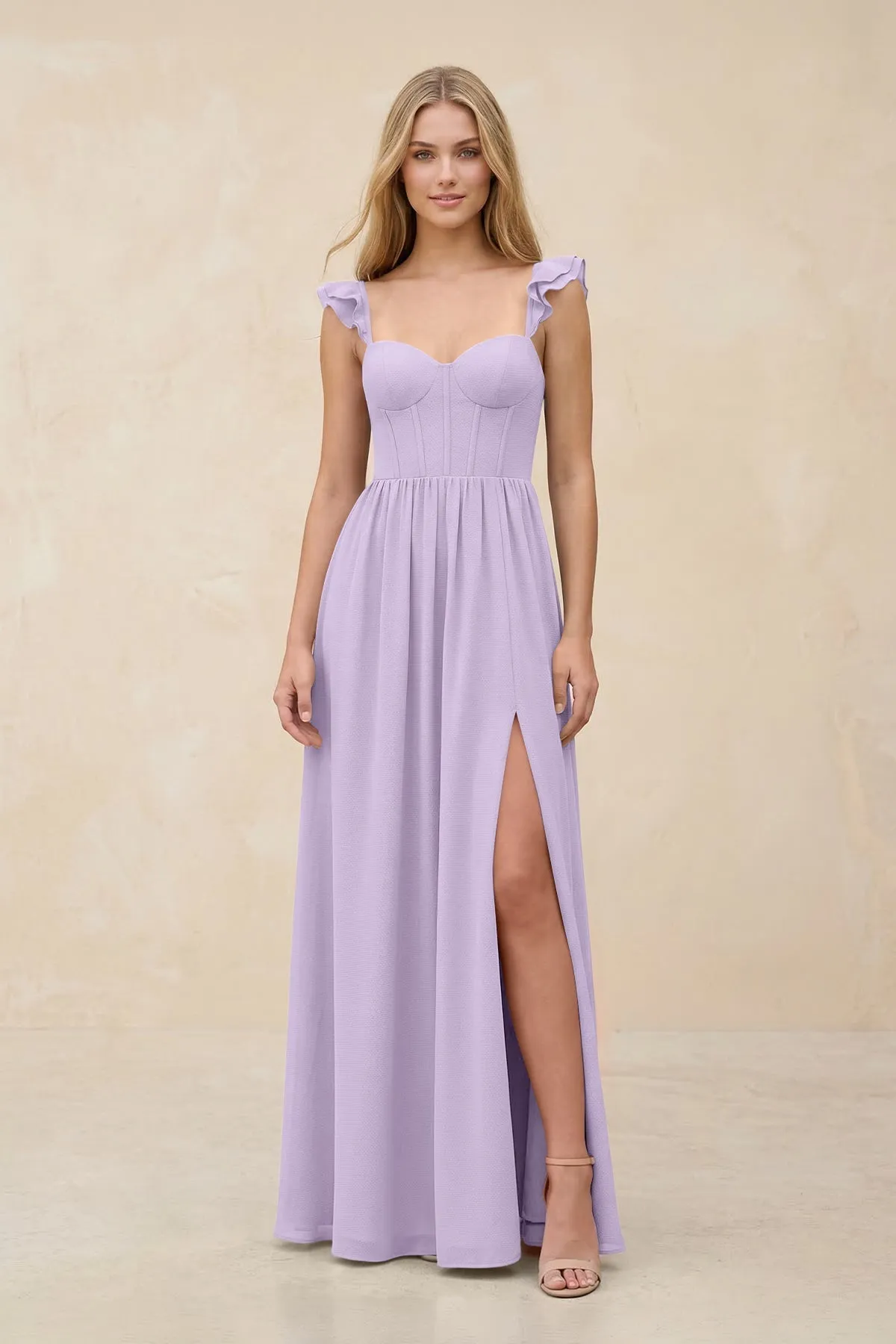 Ruffled Sleeve A-Line Corset Chiffon Bridesmaid Dress in Lavender sold by KissProm
