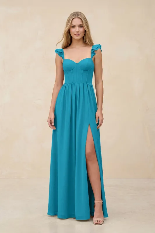 Ruffled Sleeve A-Line Corset Chiffon Bridesmaid Dress in Blue Jay made by KissProm