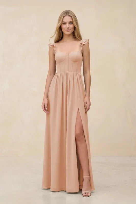 Ruffled Sleeve A-Line Corset Chiffon Bridesmaid Dress in Champagne Rose made by KissProm